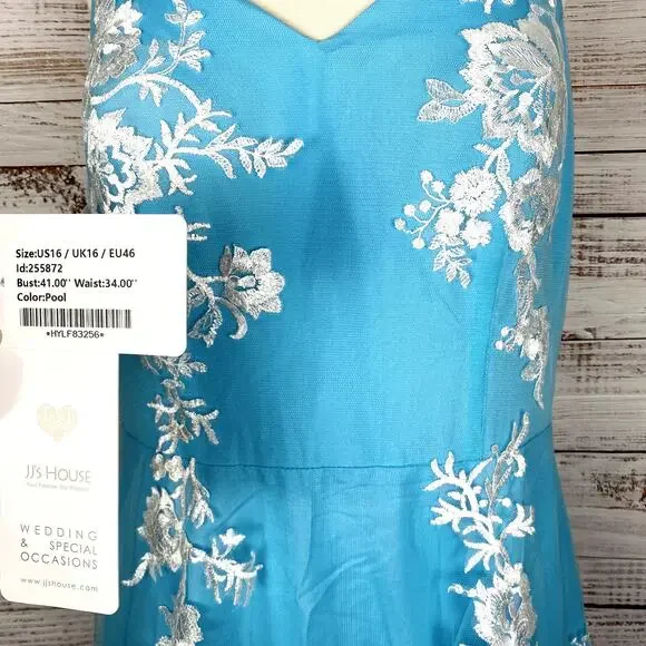 New Formal Sky Blue Flower Floral Lace Overlay Mesh Prom Wedding Gown Maxi Dress - Picture 4 of 5